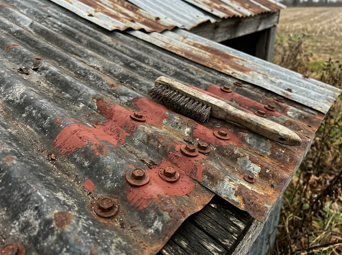 Wire brush and red oxide primer patches on rusted fastener rows of an exposed-fastener metal roof before coating
