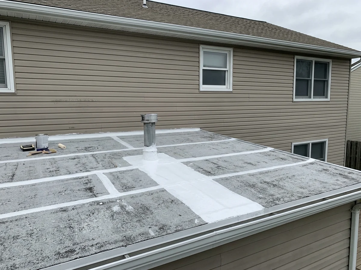 Gray weathered EPDM roof with new white coating applied over cleaned seams and flashings around a vent