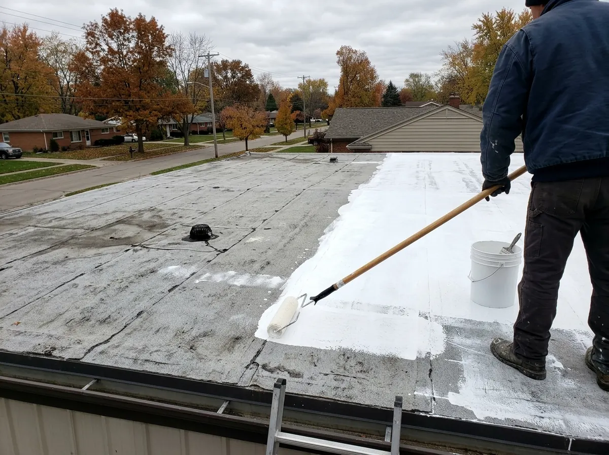 Roller spreading thick white silicone coating over a gray low-slope membrane roof, half of the roof already coated