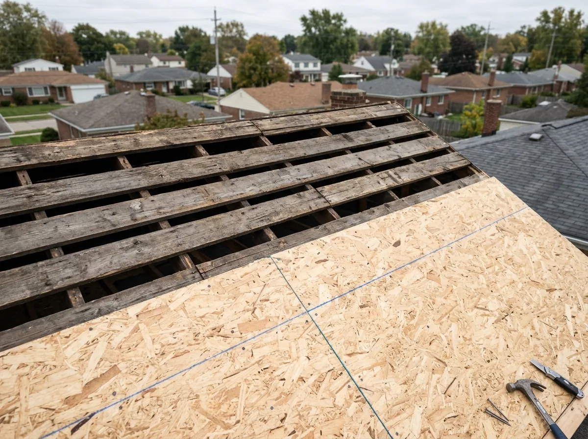 Old spaced 1x boards from a former wood shingle roof visible beside new OSB panels being laid over them