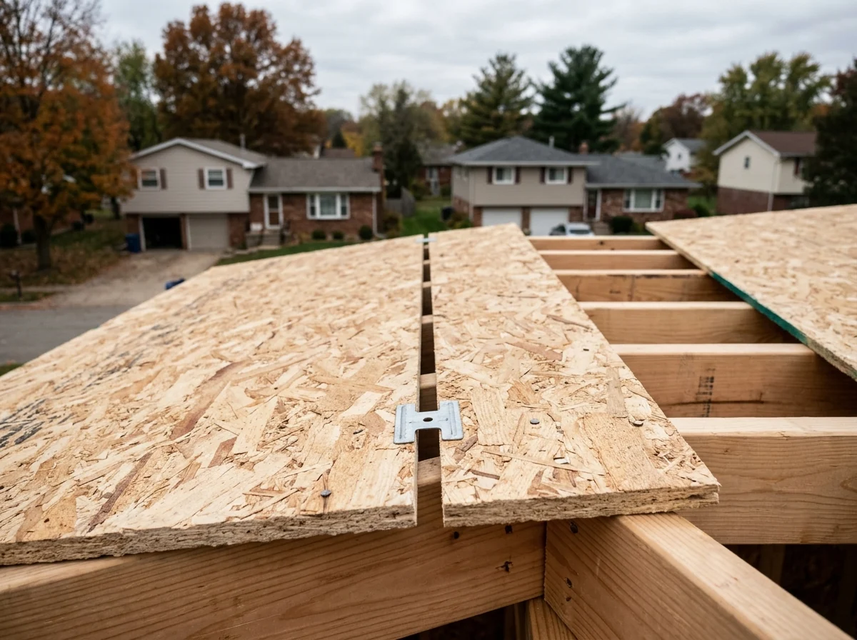 Stack of oriented strand board roof panels next to a partly re-sheathed roof with metal panel clips at the edges