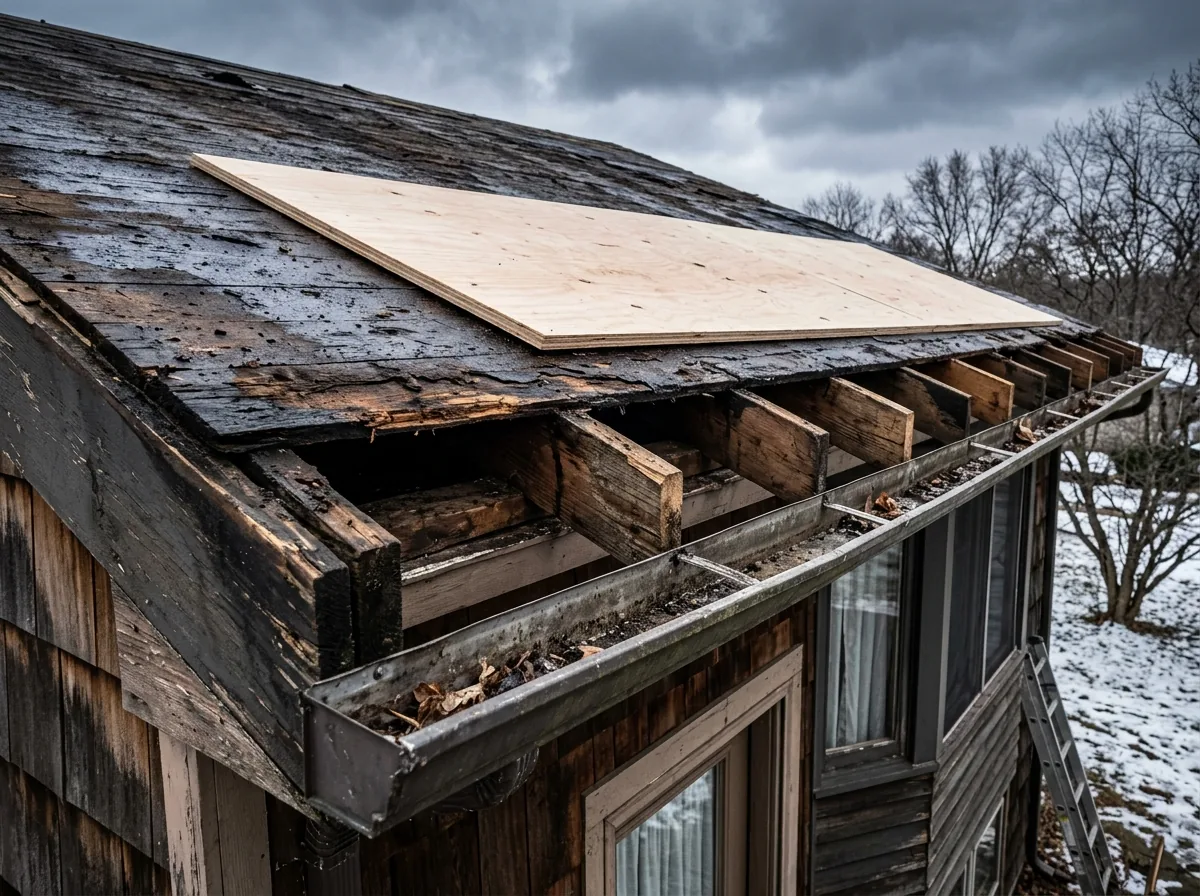 Rotted dark roof sheathing at the eave edge being cut away to expose rafter tails, with new plywood ready beside it