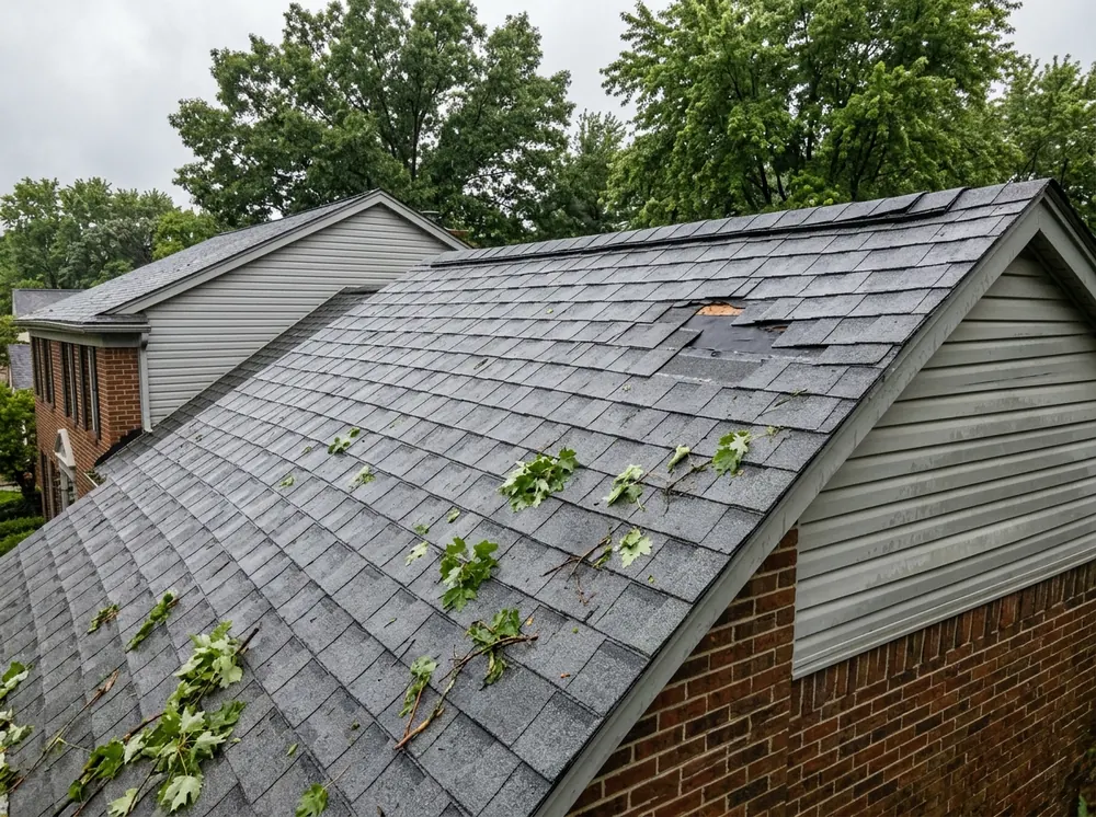 Gray shingle roof after a storm with a few missing tabs, scattered small branches and leaves on the slope