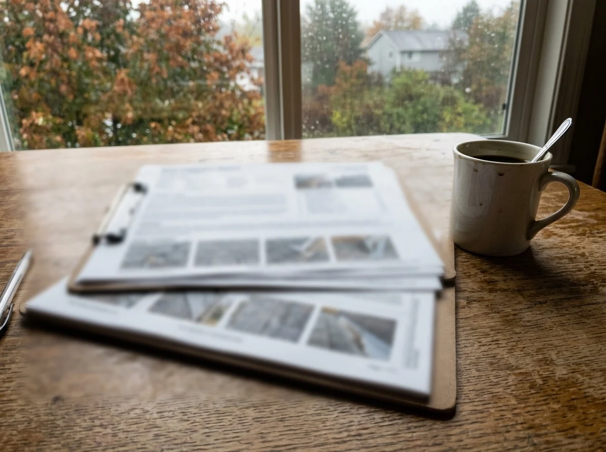 Printed roof inspection report pages with shingle photos clipped to a clipboard resting on a kitchen table