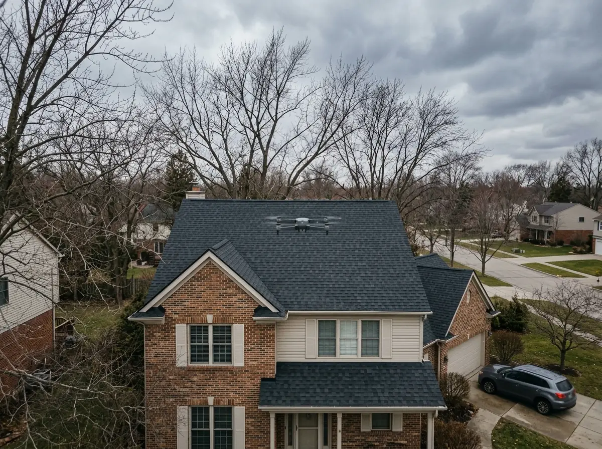 Small quadcopter drone hovering above the shingle roof of a two-storey colonial under a gray autumn sky