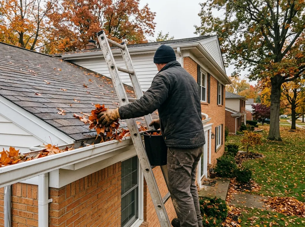 Roofer seen from behind on a ladder at the eave of a brick colonial, scooping maple leaves out of a gutter in autumn