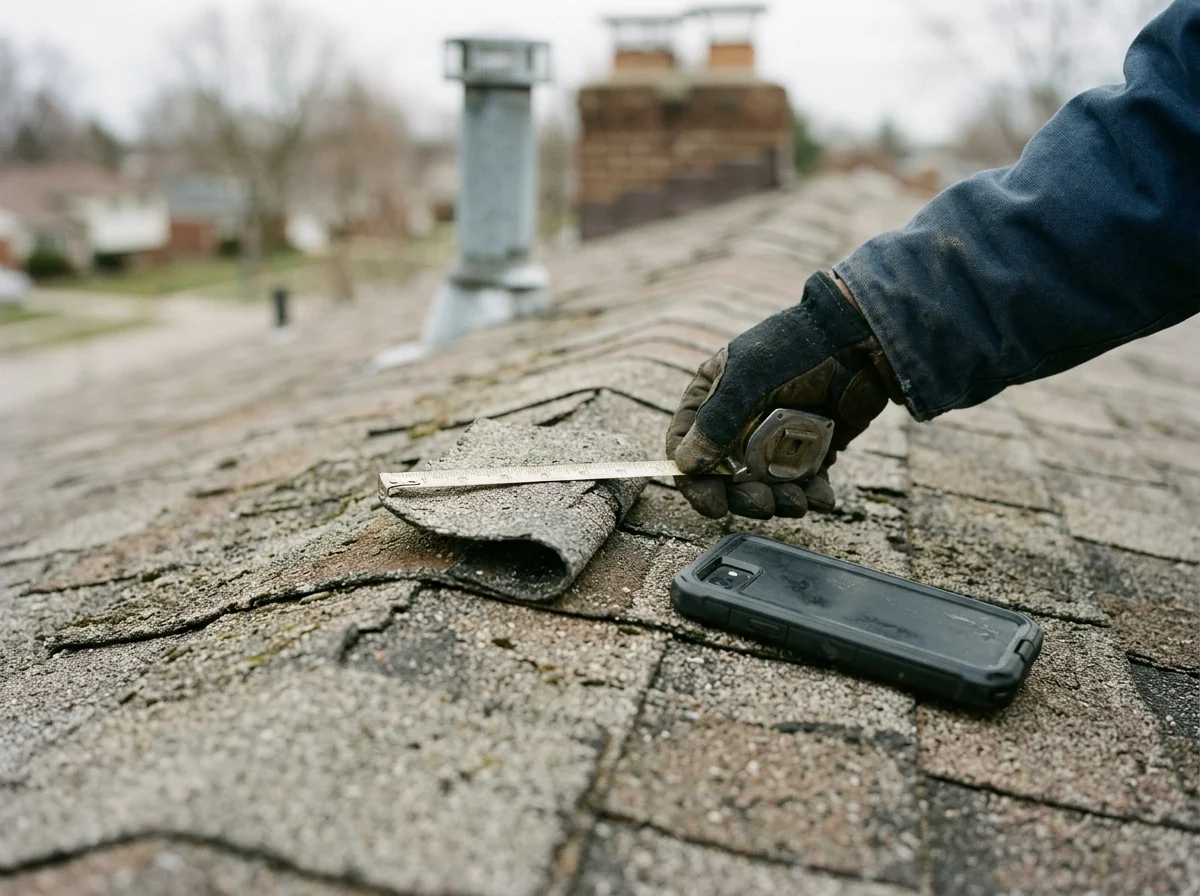 Gloved hand measuring a curled shingle tab with granule loss, a phone lying on the roof for photos