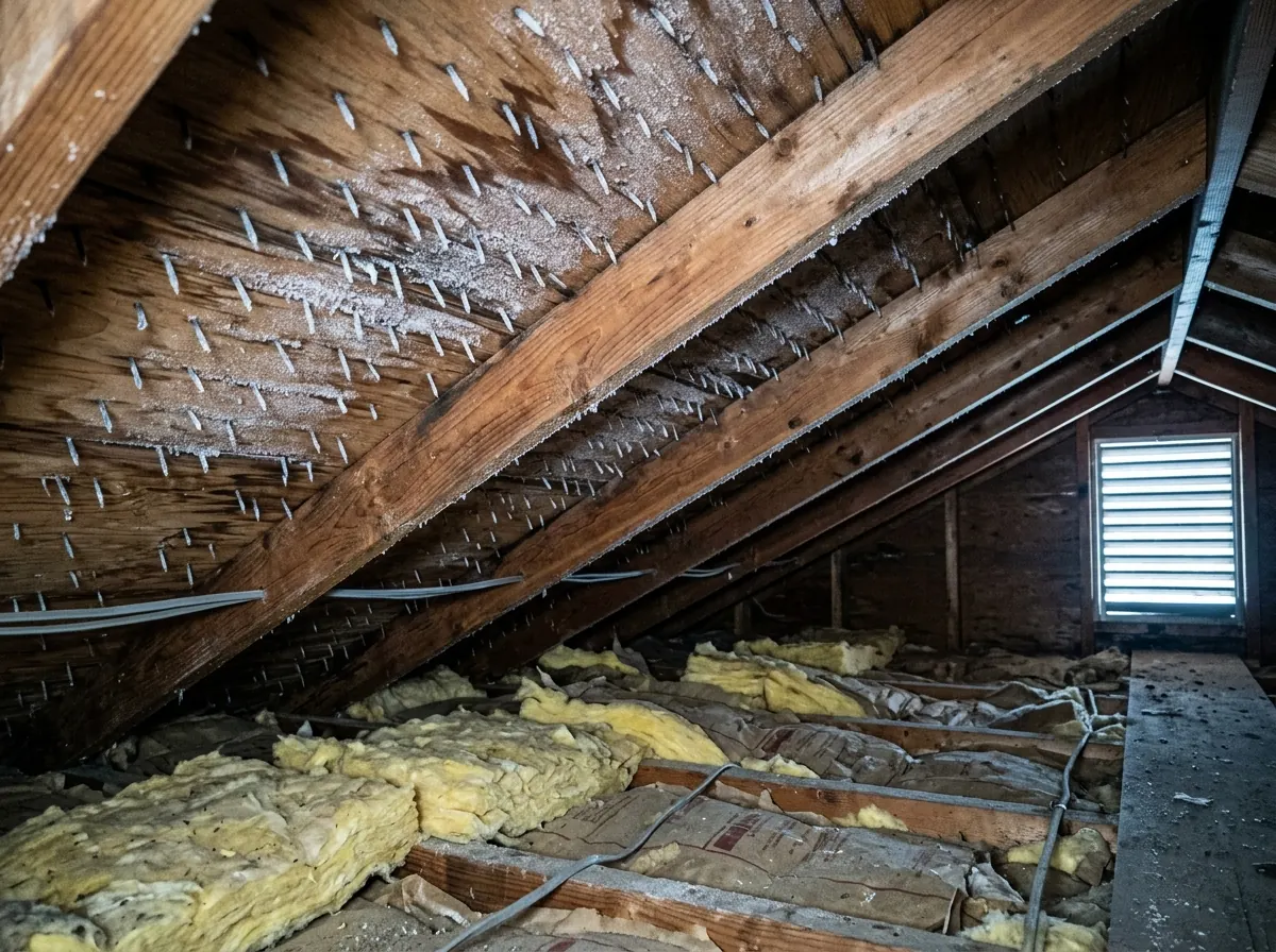 Frost-covered roofing nail tips and white frost on the underside of plywood roof sheathing inside a dim attic