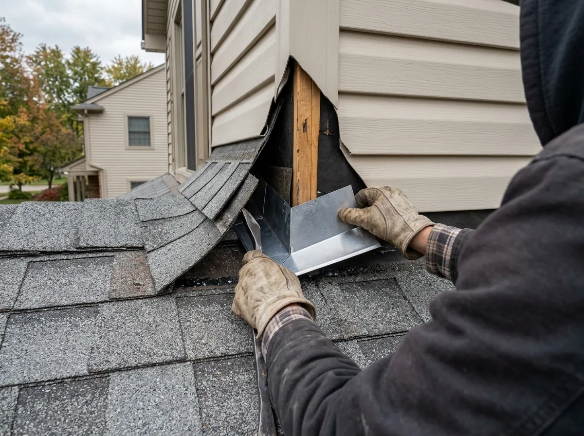 Gloved hands sliding a bent aluminum step flashing piece under vinyl siding where a shingle roof meets a dormer wall