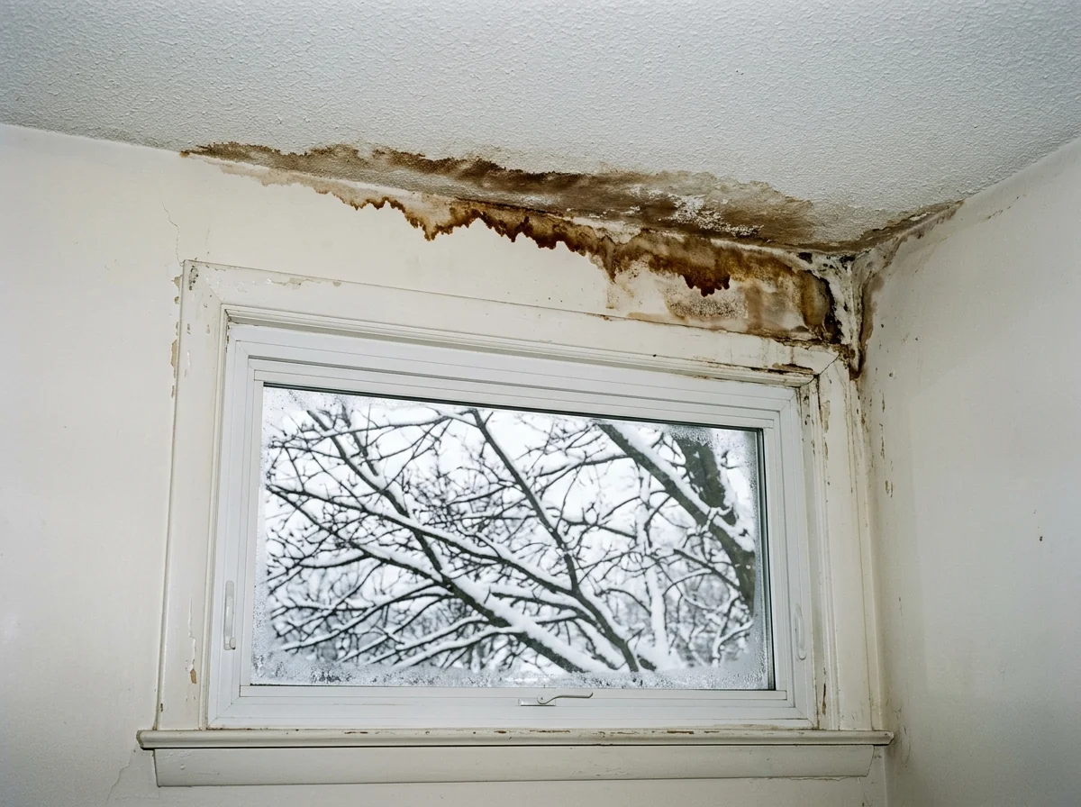 Interior ceiling corner above a window with a brown water stain along the exterior wall, snow visible outside the glass