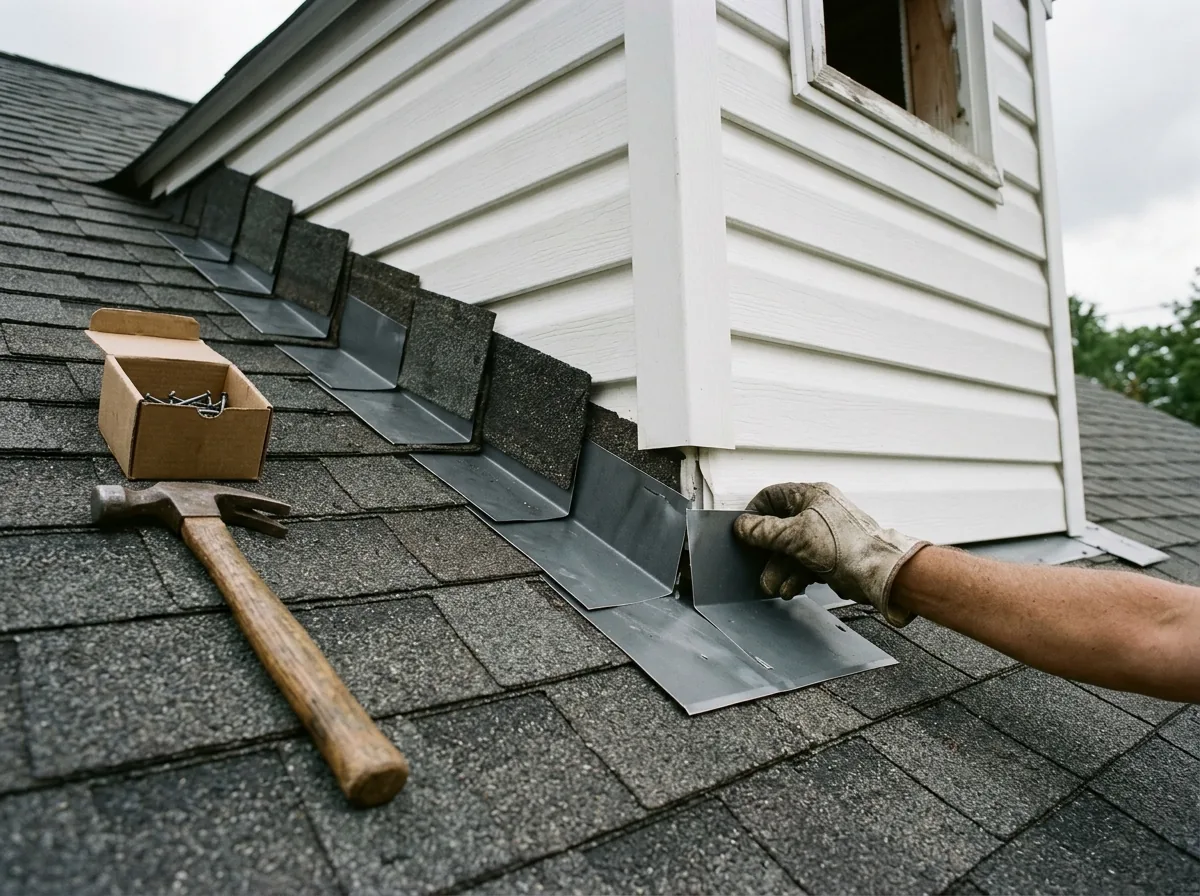Gloved hand weaving new step flashing under lifted shingles against a vinyl-sided dormer wall, with a hammer and box of nails nearby