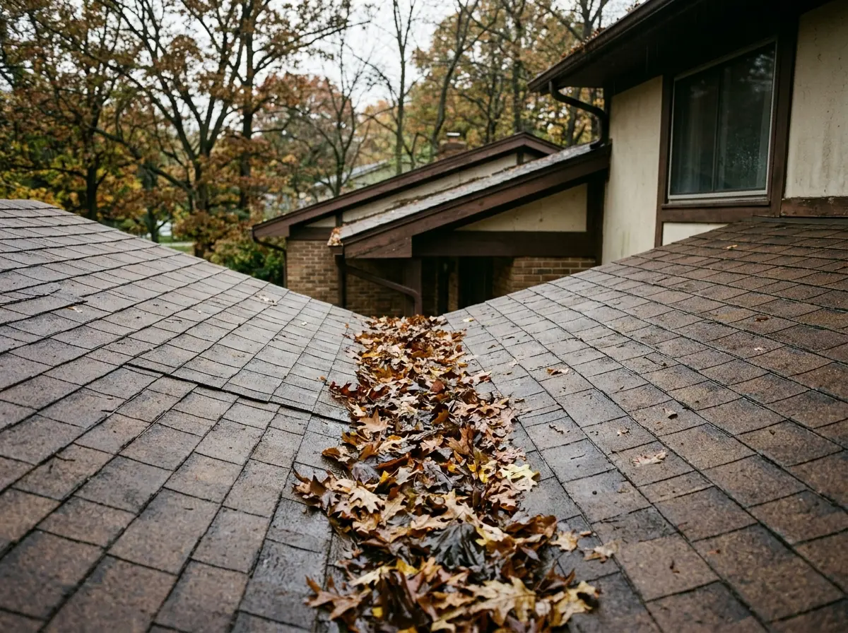 Closed-cut roof valley where two shingle slopes meet, with a wet leaf mat lodged in the valley center after rain