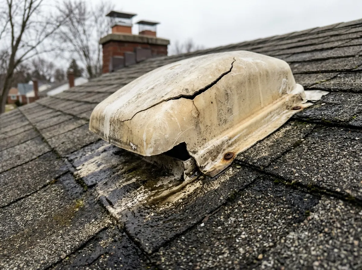 Sun-cracked plastic roof exhaust hood on an asphalt shingle roof, with a split along its top and stained shingles below
