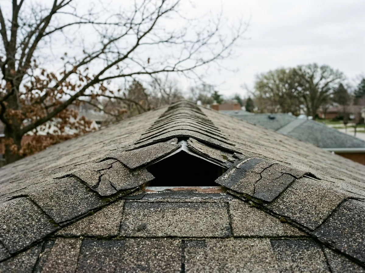 Row of cracked and missing hip and ridge cap shingles along a roof peak, with the ridge vent slot visible under a gap