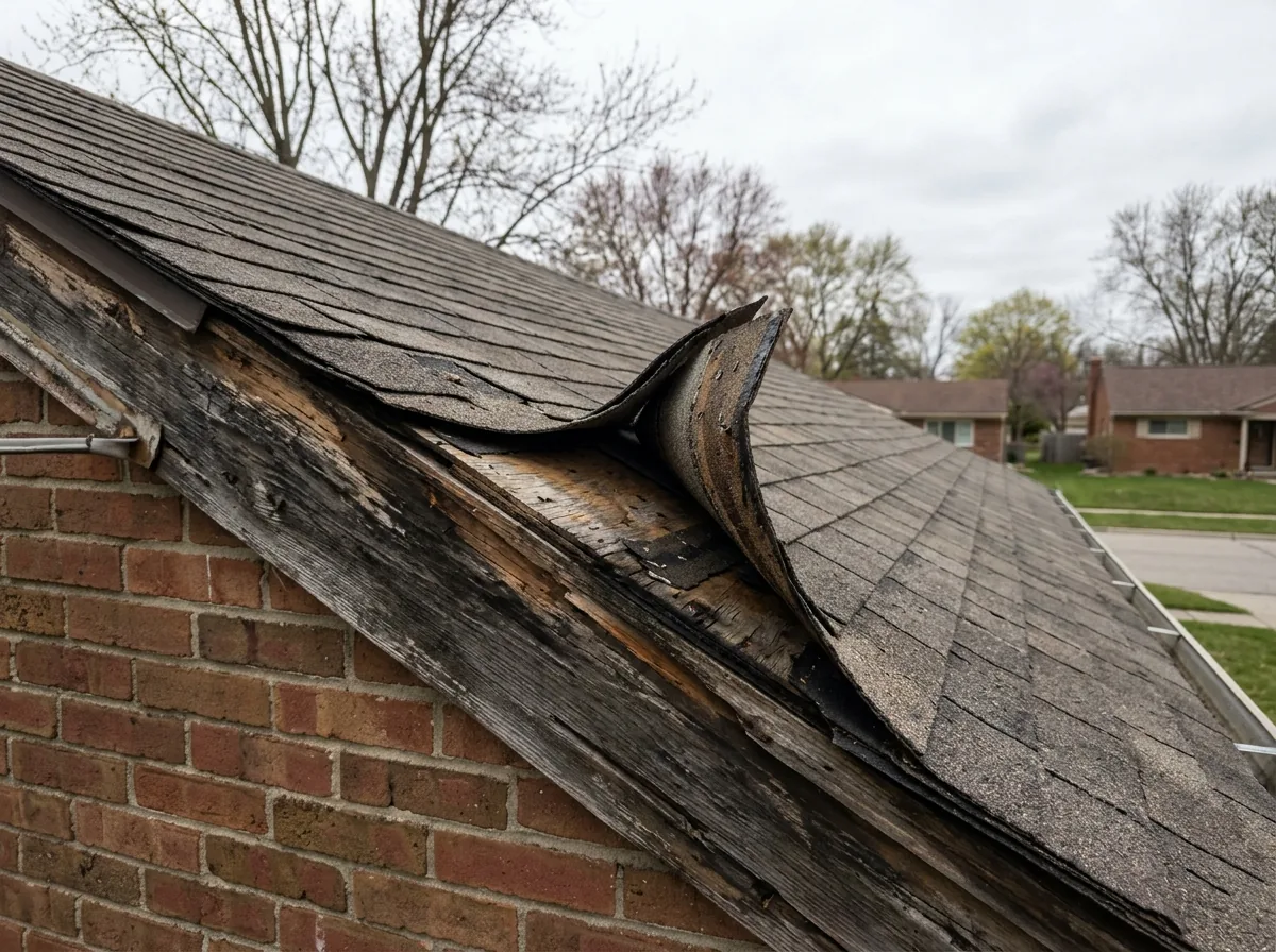 Lifted shingles along the sloped gable edge of a roof, showing a missing starter strip and an old wood rake board underneath