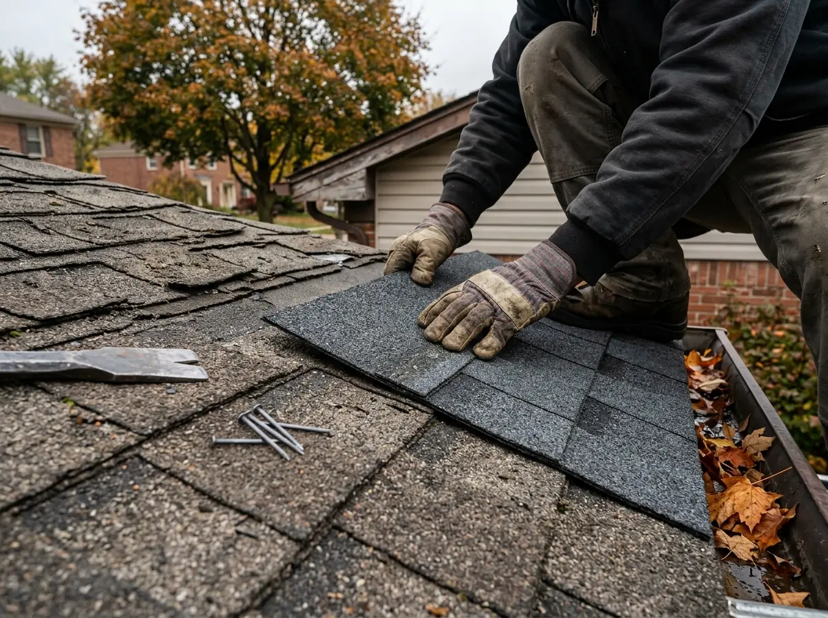 Gloved hands sliding a new charcoal shingle into a gap on an older asphalt roof, a flat pry bar and roofing nails beside it