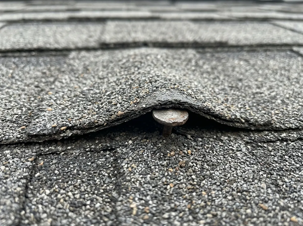 Close view of a roofing nail backed out under a lifted asphalt shingle tab, forming a small bump in the course