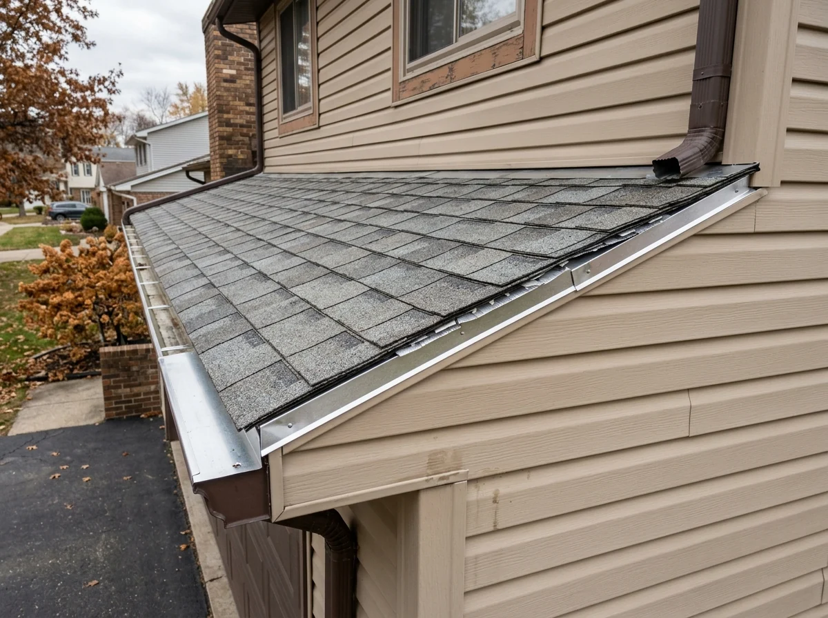 Attached two-car garage roof being re-shingled where it meets the house wall, with new step flashing running up the vinyl siding