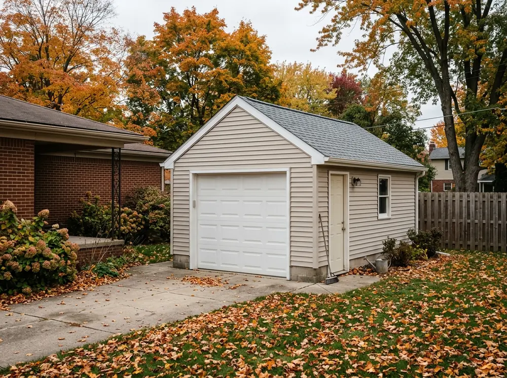 Detached one-car garage behind a brick ranch house with a fresh gray architectural shingle roof and new white drip edge
