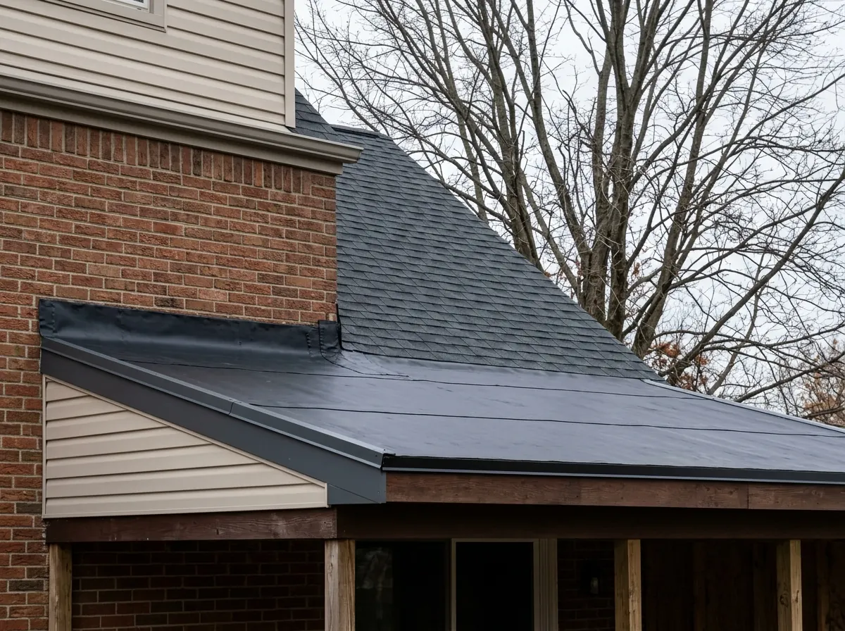 Low-slope back porch roof covered in new black membrane that tucks under the first course of new shingles on the main roof