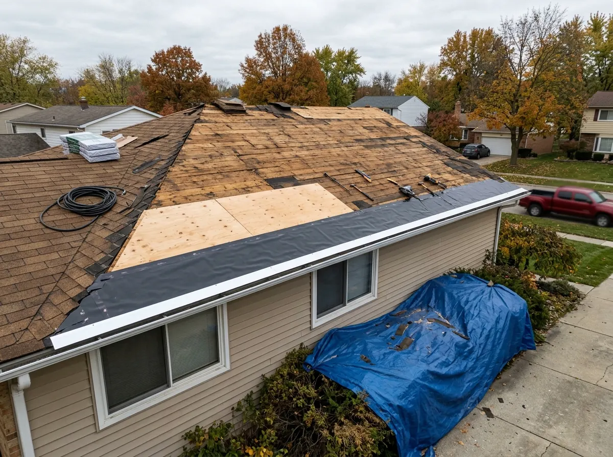 Split-level house mid tear-off, old shingles stripped to the wood deck, two new plywood sheets, a dark ice barrier strip along the eave and a tarp over the bushes