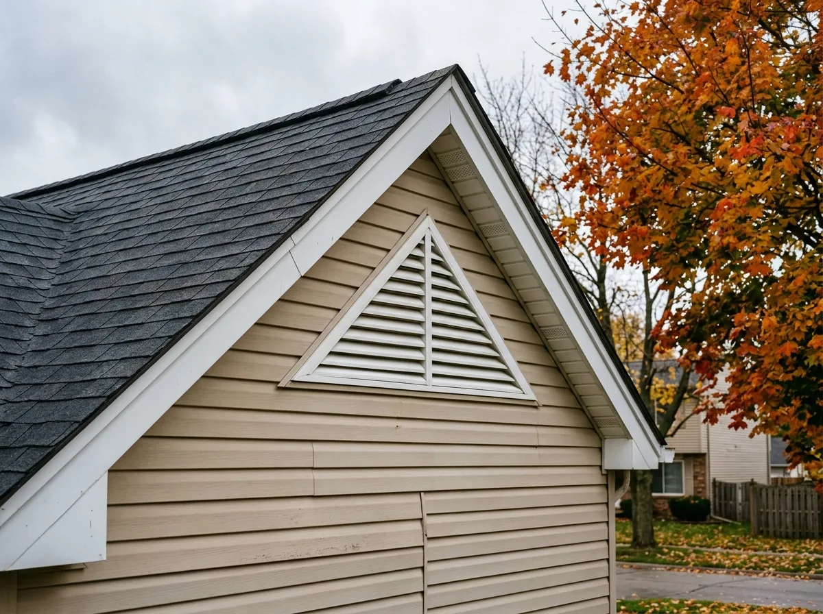 Triangular louvered gable-end vent below the roof peak on the vinyl-sided gable wall of a split-level house
