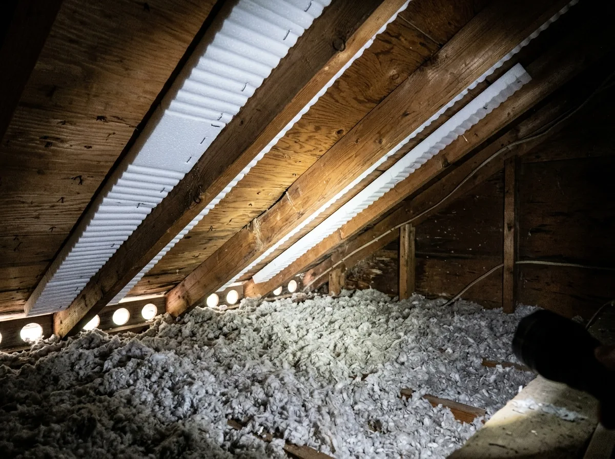Inside an attic at the eave, foam rafter baffles stapled between rafters keeping blown-in insulation away from the soffit vents