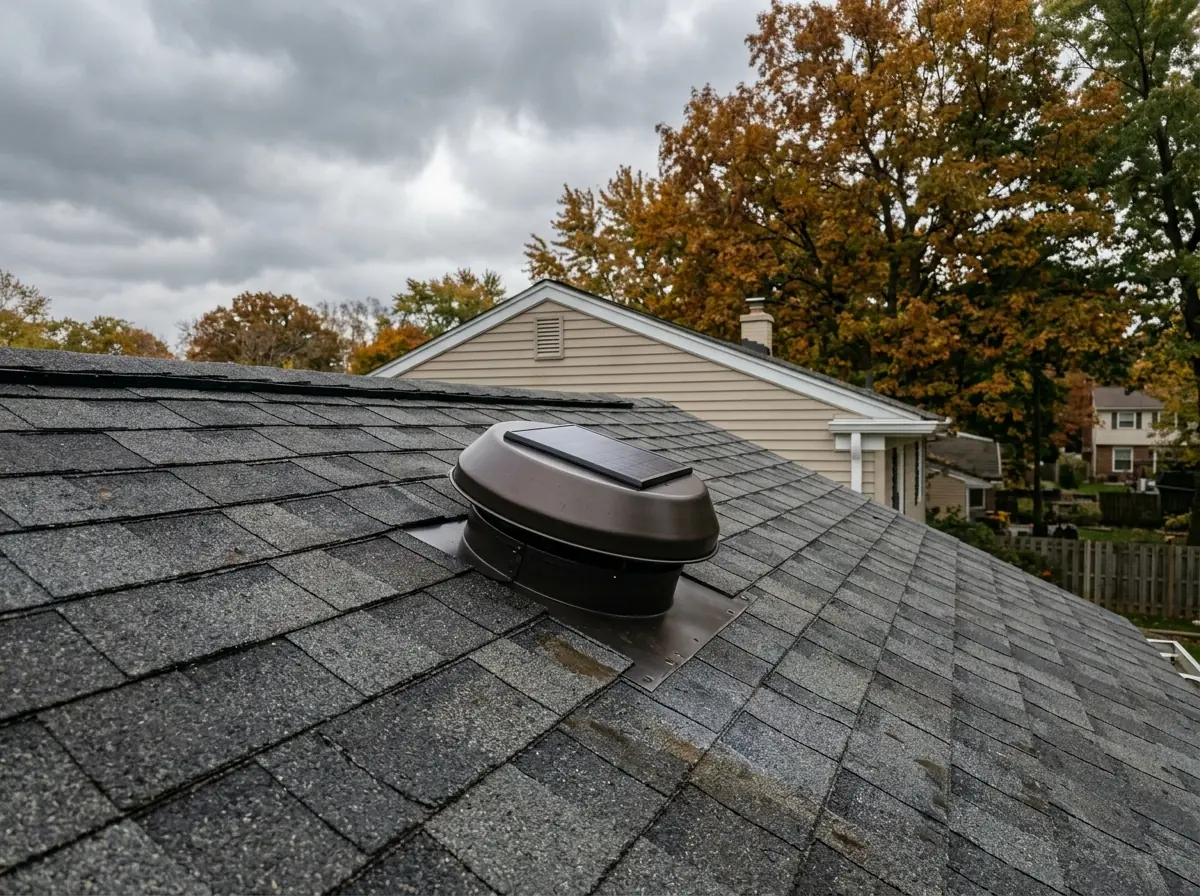 Low-profile solar-powered attic fan with a small panel on its hood, mounted on the rear slope of a shingle roof
