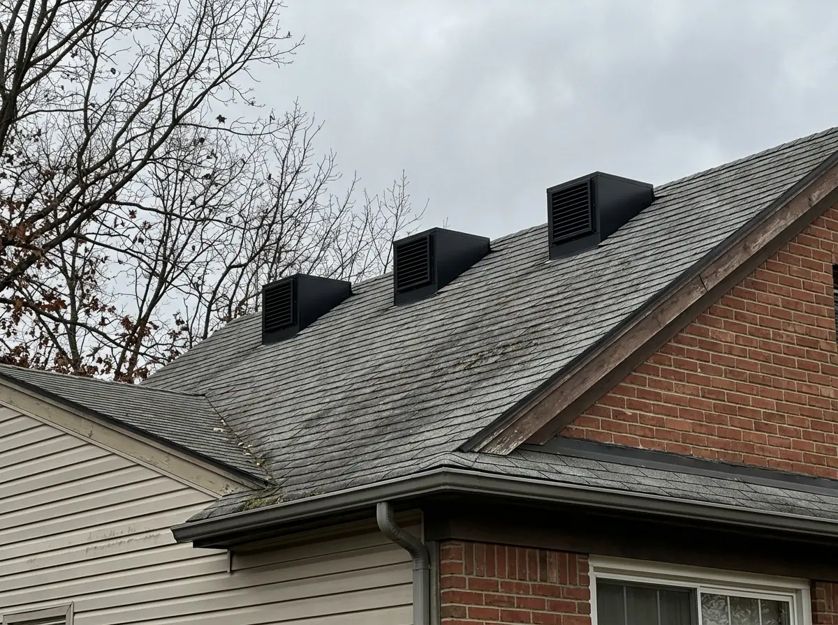 Row of square black static box louver vents near the top of a shingle roof slope on a brick colonial