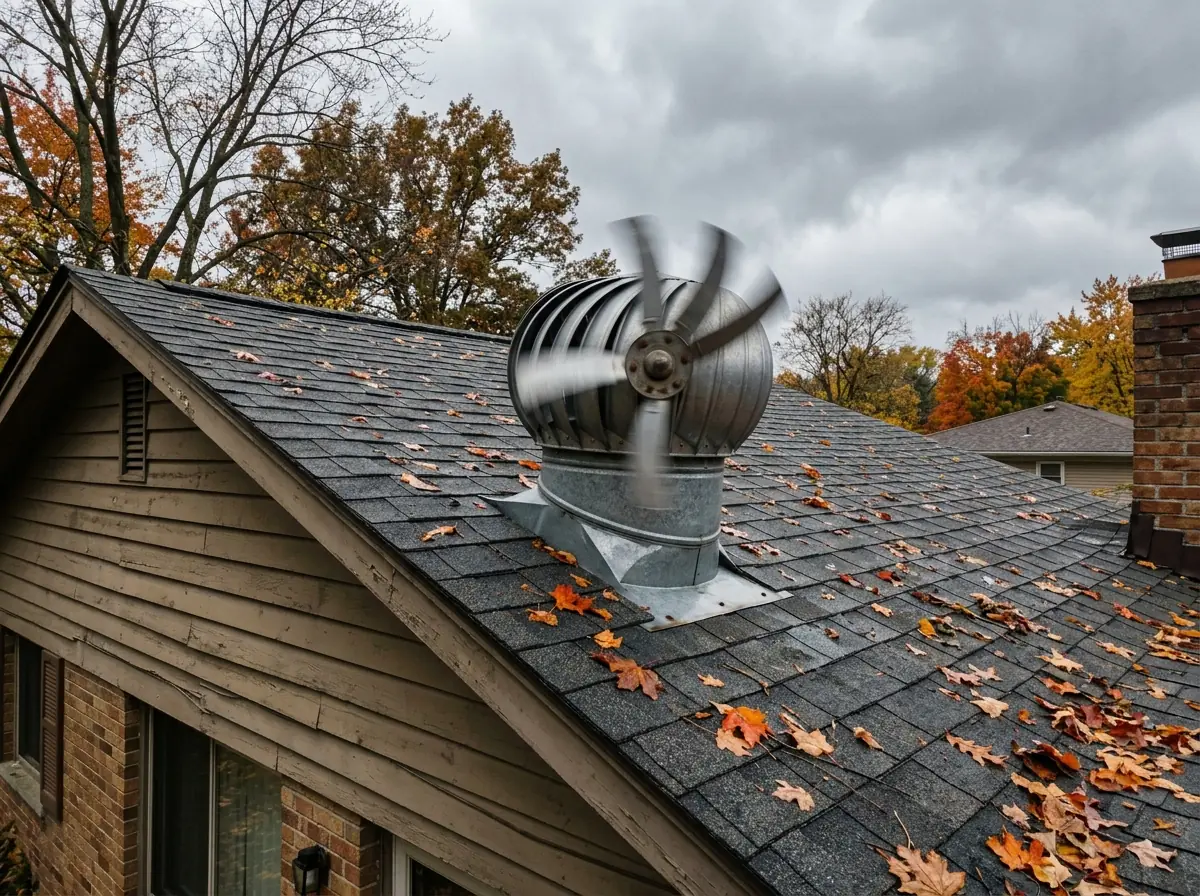 Galvanized whirlybird wind turbine ventilator spinning on a shingle roof near the ridge under a gray sky