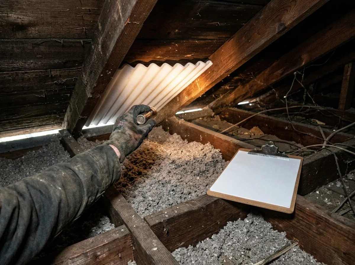 Gloved hand shining a flashlight at a foam ventilation baffle between attic rafters above blown-in insulation