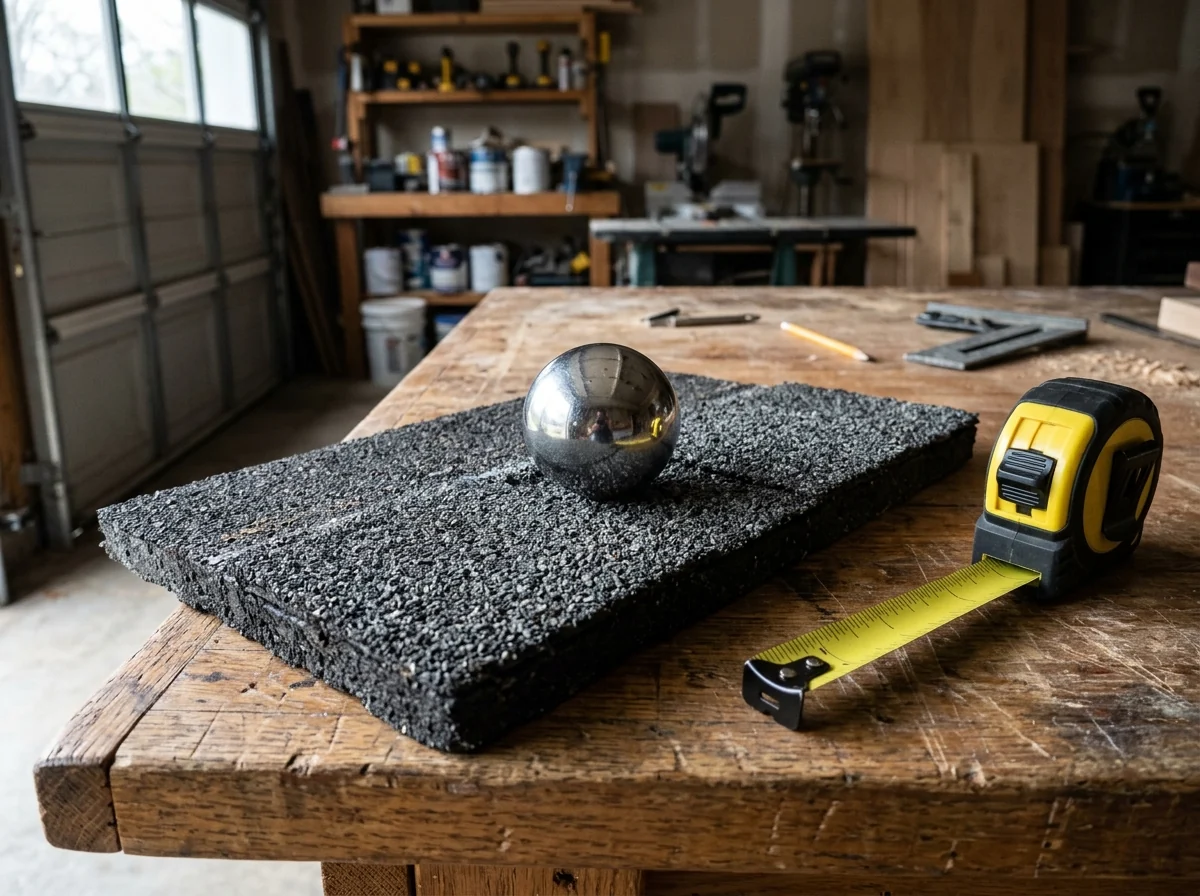 A steel ball resting on an impact-rated asphalt shingle sample on a workbench, with a tape measure beside it