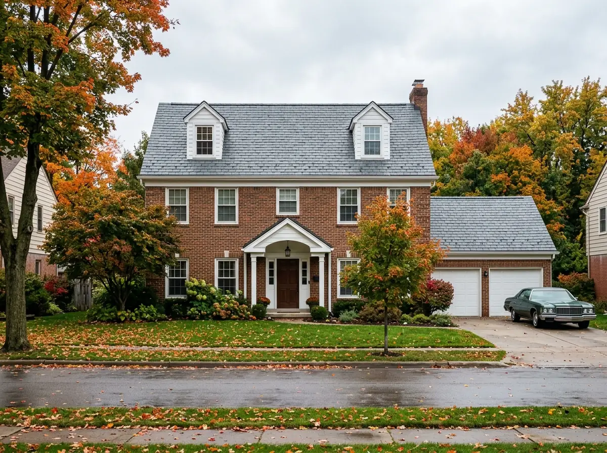 Two-story brick colonial with a steep front gable roofed in thick designer asphalt shingles cut to look like gray slate tiles