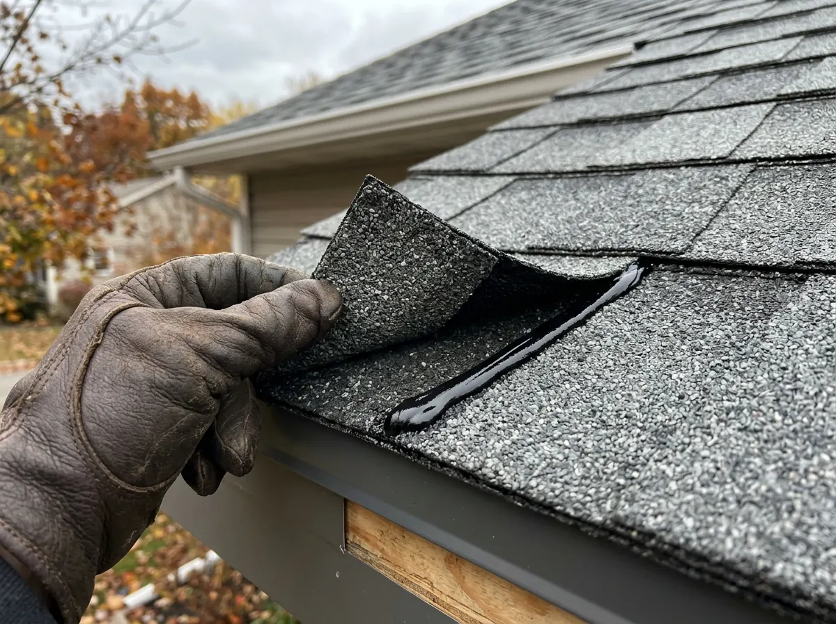 Row of sealed asphalt shingle tabs at a roof edge with the black sealant line visible under a lifted corner