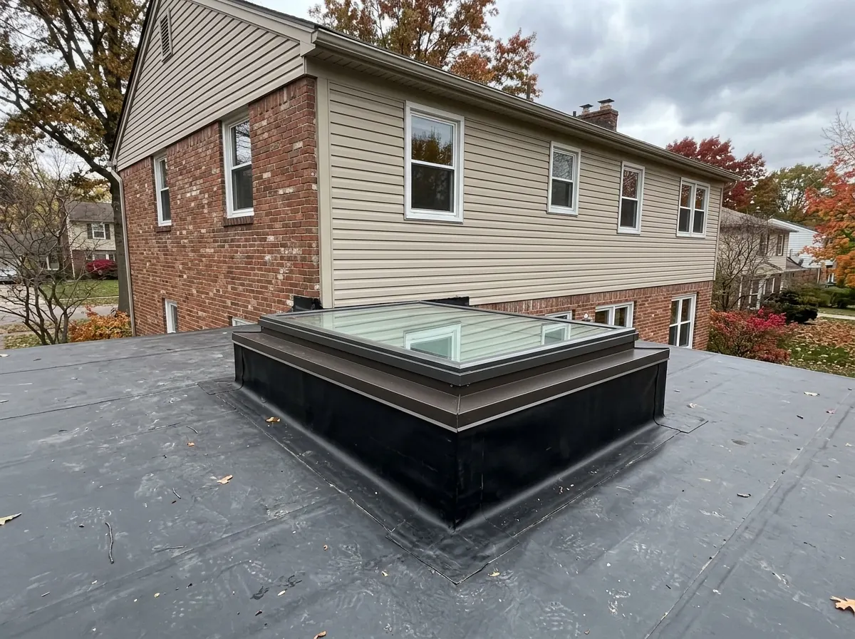 Curb-mounted skylight on a raised wood curb wrapped in membrane on a low-slope rear addition roof