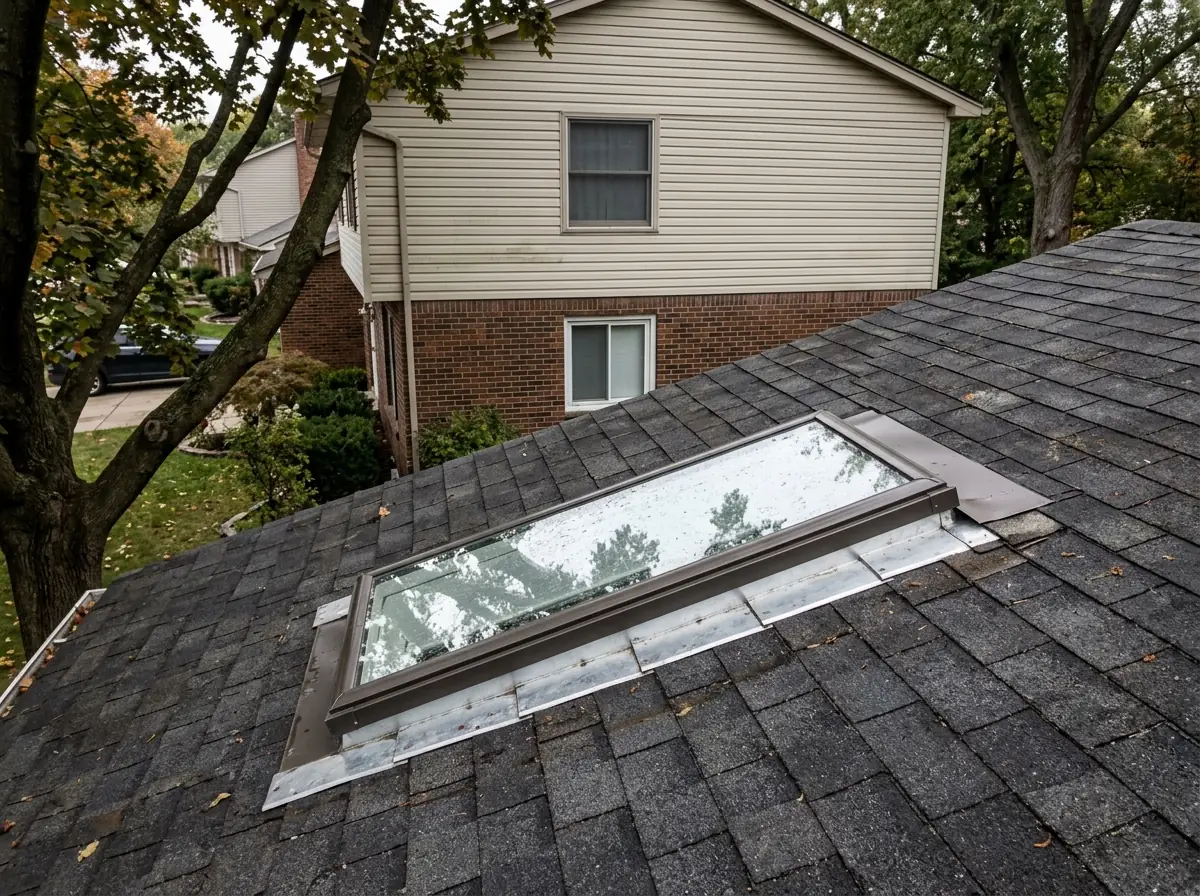 Fixed deck-mounted skylight set flush in a dark asphalt shingle roof with step flashing along its sides