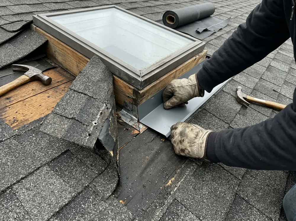 Roofer's gloved hands fitting new step flashing pieces along the side of a skylight frame with shingles pulled back