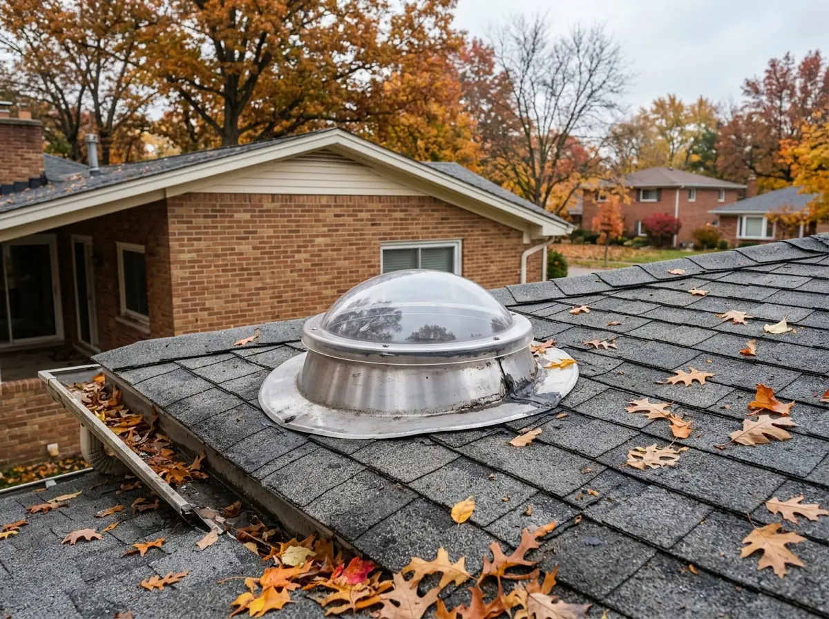 Round domed tubular skylight cap with aluminum flashing on an asphalt shingle roof