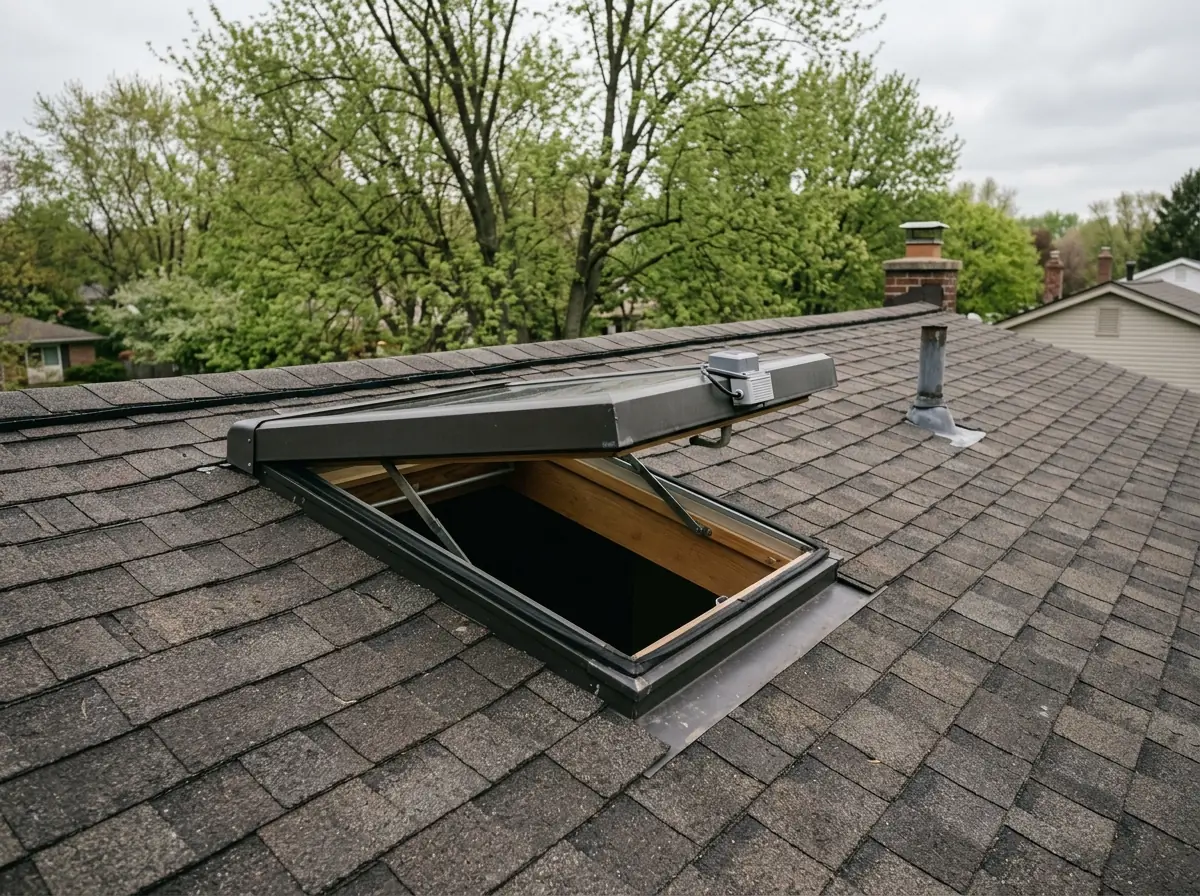 Venting skylight propped partly open on a shingle roof, with a small rain sensor on its top frame