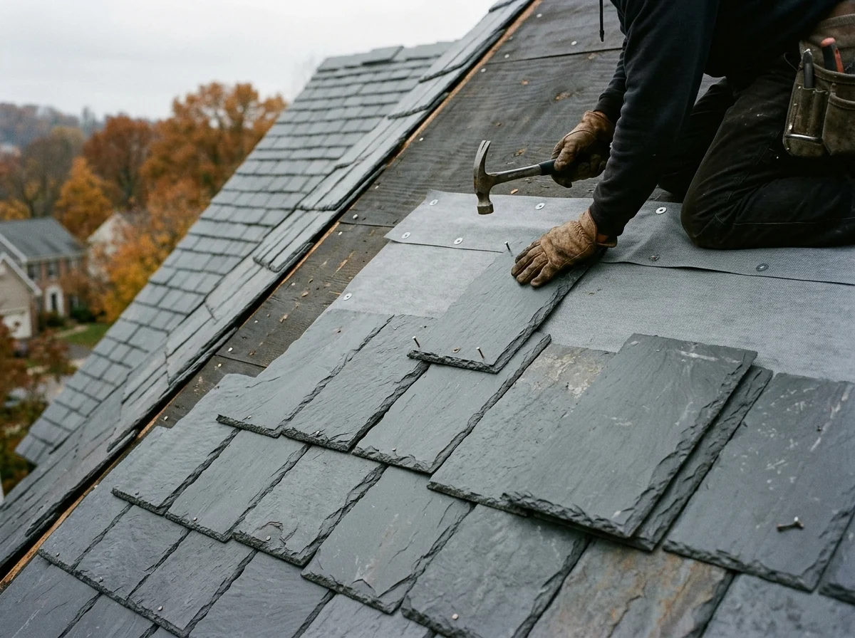 Synthetic composite slate tiles with chiseled edges being installed in staggered courses over underlayment