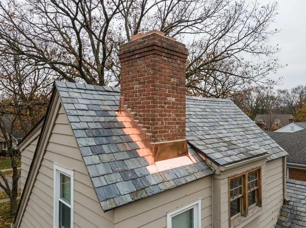 New copper step flashing and counterflashing along a brick chimney on a gray slate roof