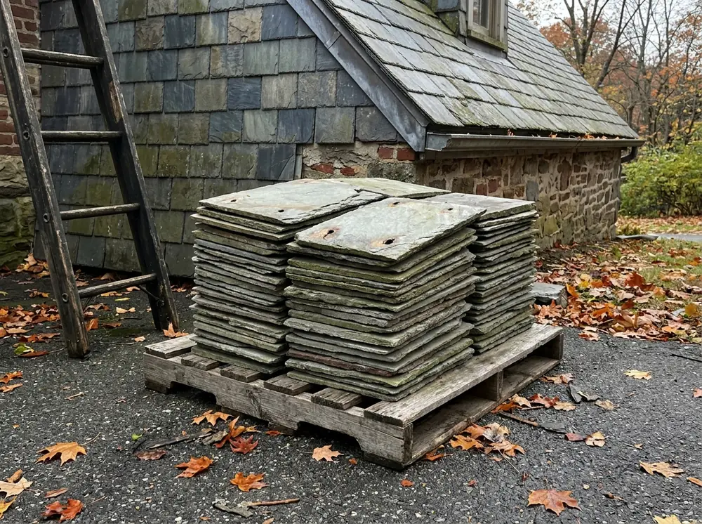 Stack of weathered reclaimed gray-green roofing slates on a pallet next to a slate roof being repaired