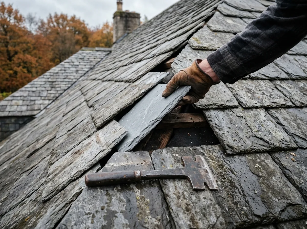 Gloved hand sliding a replacement gray slate into a gap in a slate roof, a slate ripper resting on the course below