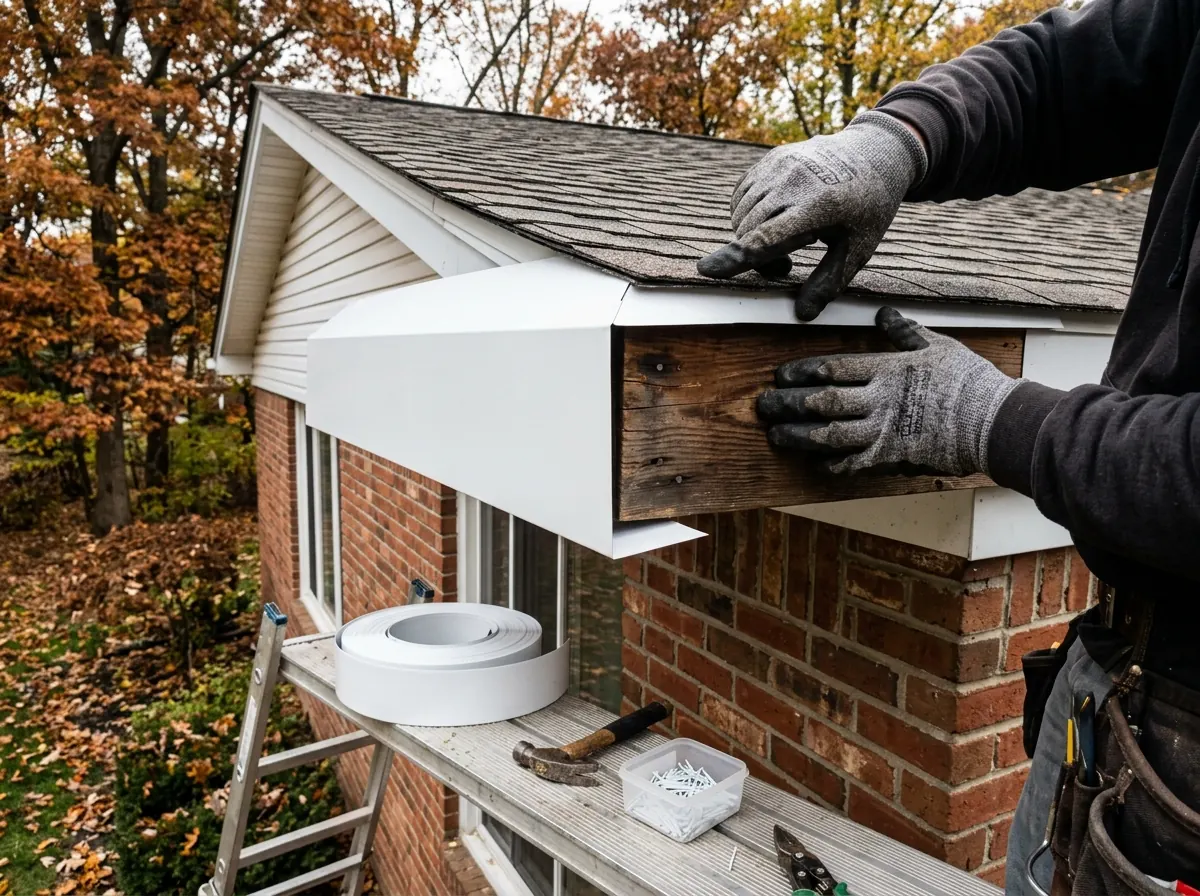 Installer's gloved hands fitting a white brake-bent aluminum fascia wrap over a wood fascia board below a shingle roof edge