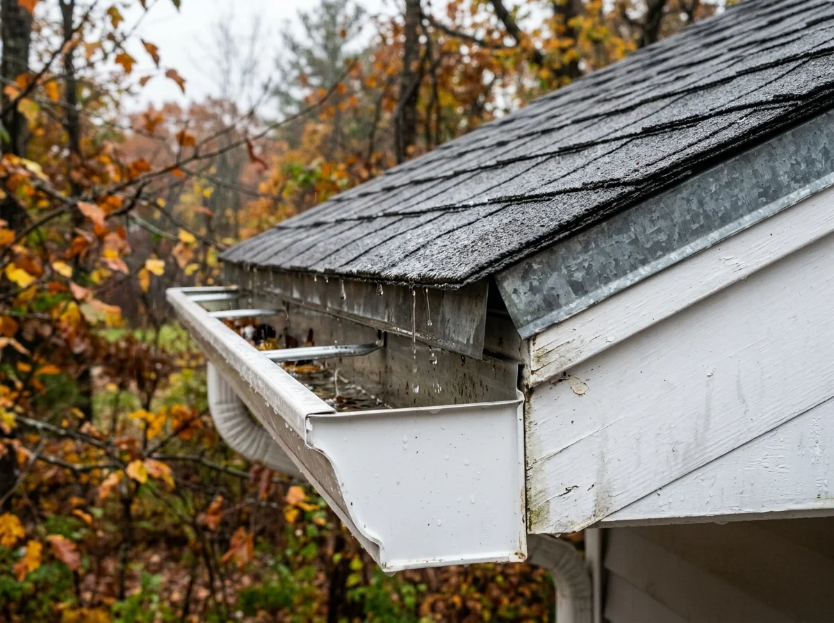 Close view of a metal drip edge at a shingle roof eave lapping over the back of an aluminum gutter, with fascia below