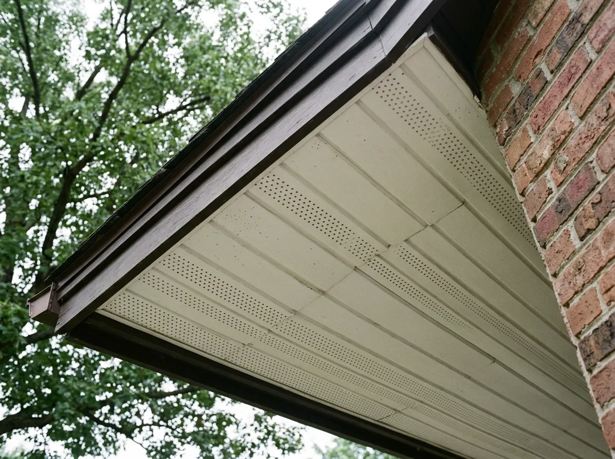 Looking up at white perforated vinyl soffit panels under the overhang of a brick ranch house