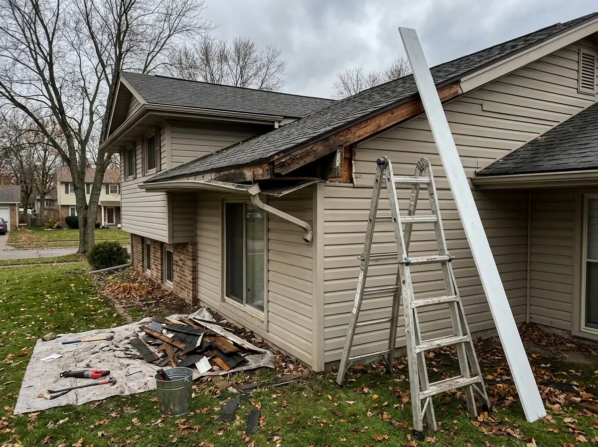 Section of rotted wood fascia board cut out at a roof corner with a new primed fascia board ready to install