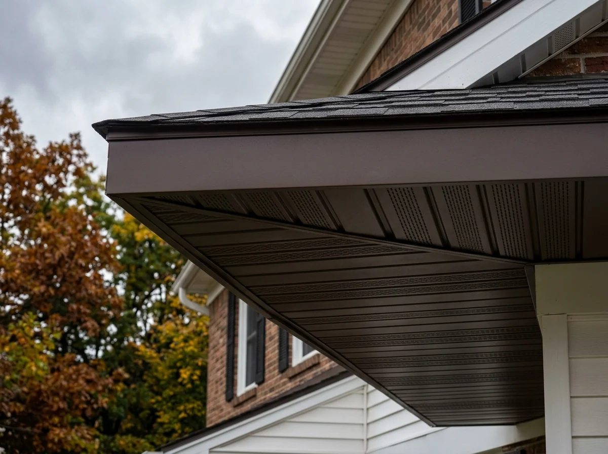 Close view of vented aluminum soffit panels with V-groove lines and louvered vent slots under a wide roof overhang