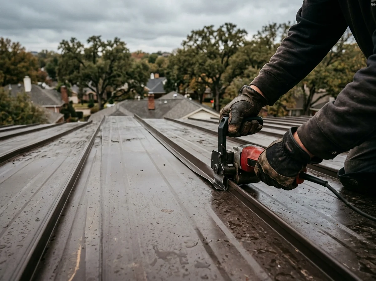Gloved hands running a mechanical seamer along a raised double-lock seam on a metal roof