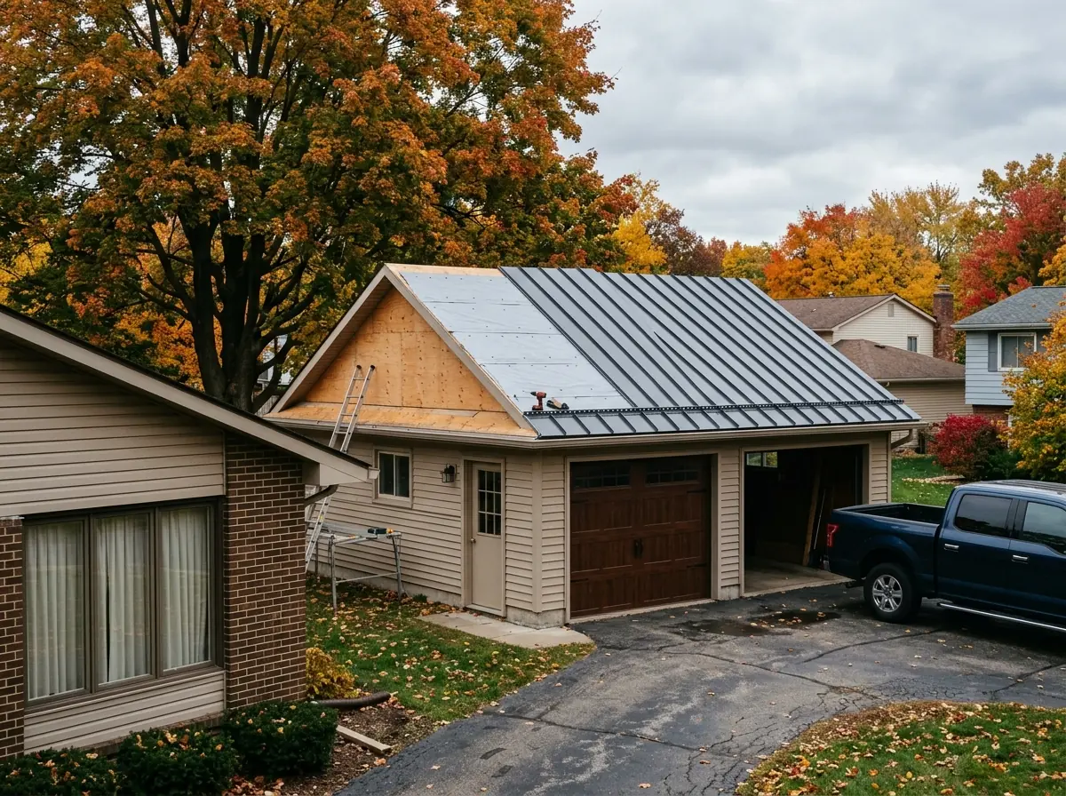Row of nail-flange standing seam panels on a garage roof, screws visible along one flange before the next panel covers them